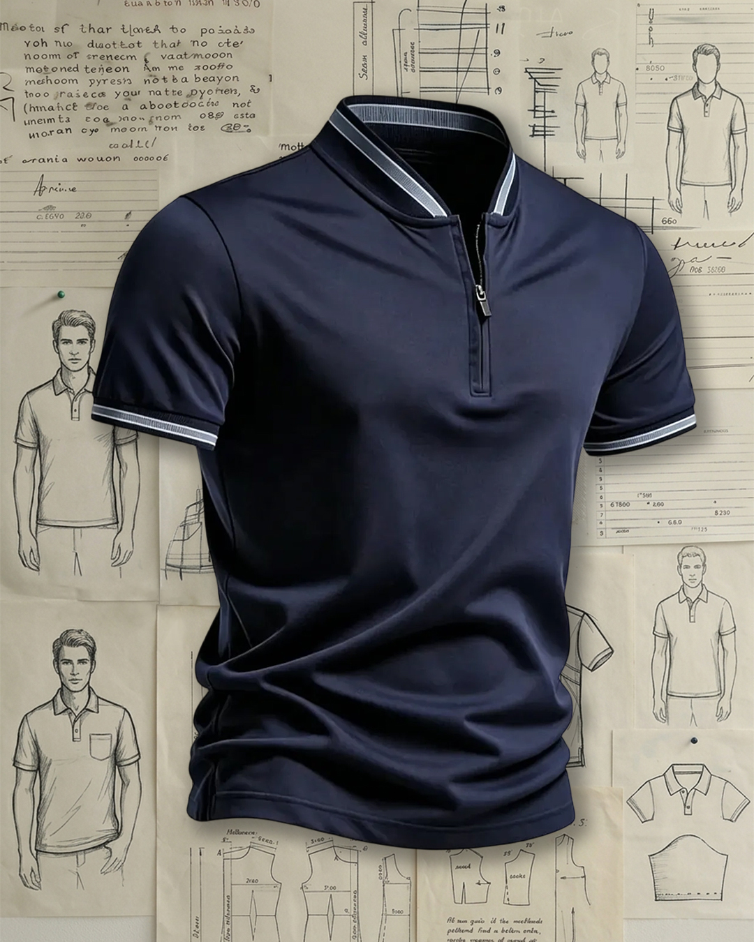Men's Navy Blue Zip Up Polo Shirt with Contrast Trim