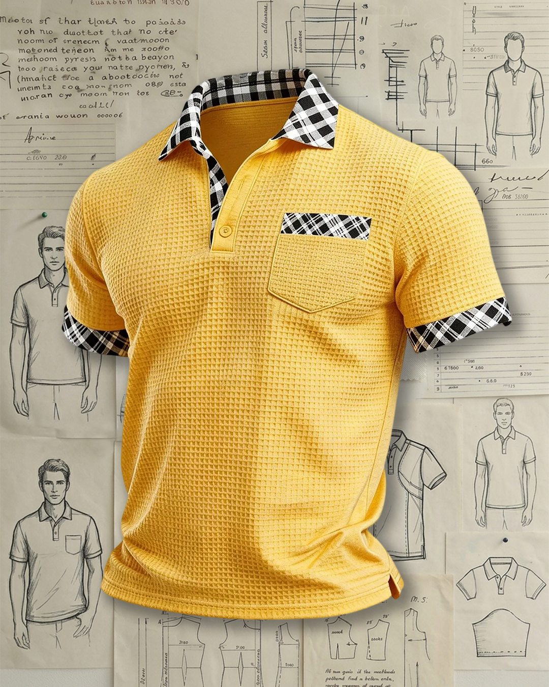 Men's Waffle Knit Plaid Trim Polo Shirt