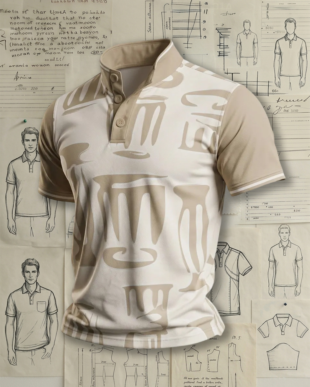 Beige Stand Collar Modern Art Print Polo