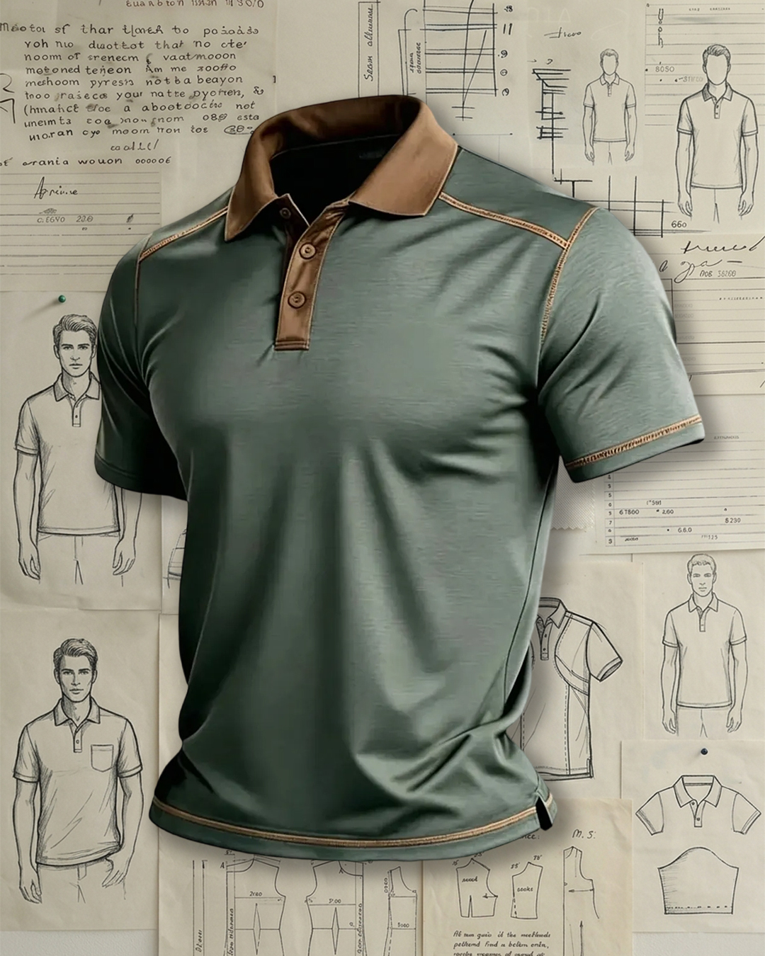 Minimalist Olive Polo with Brown Accent Stitching & Collar