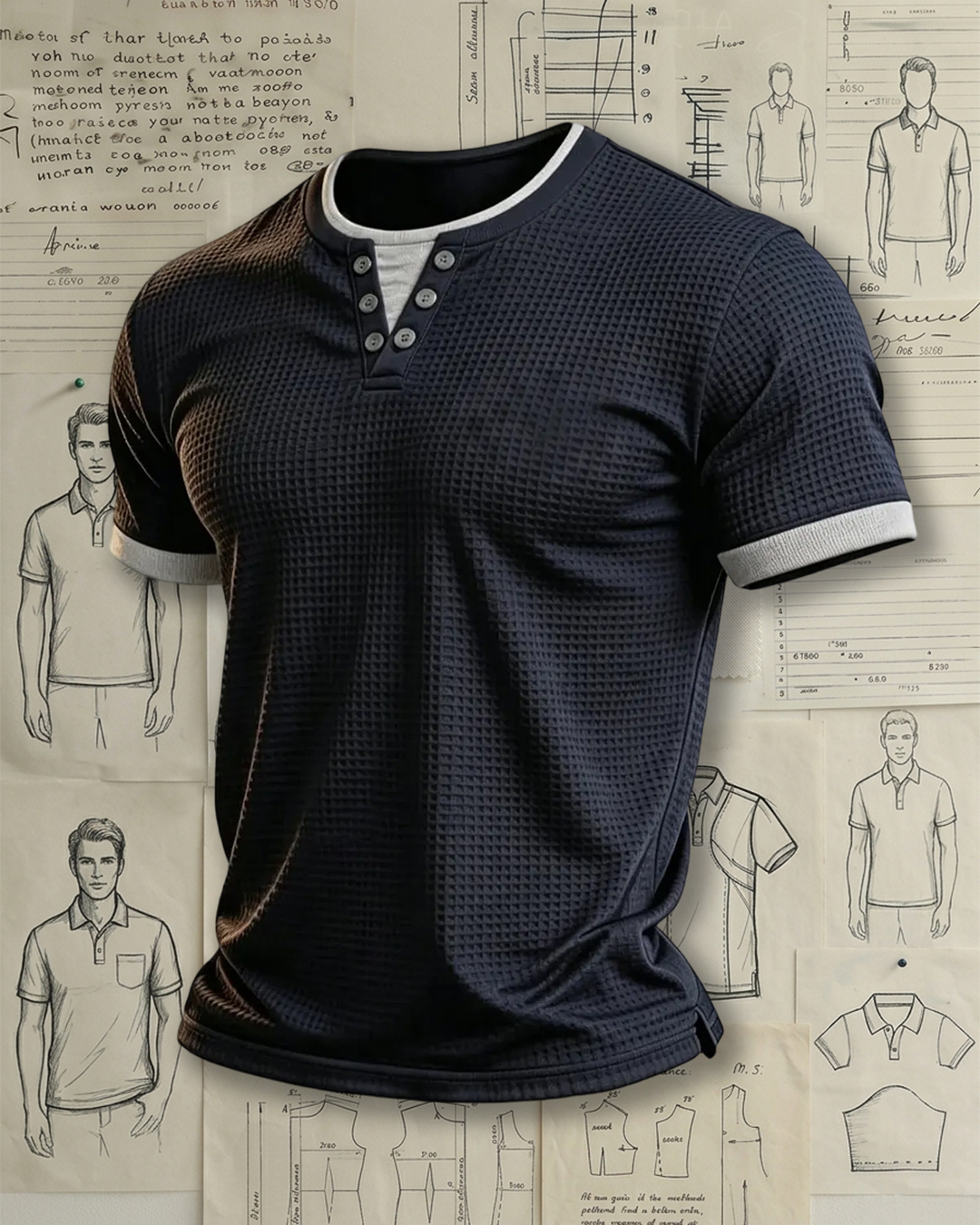 Men's Navy Waffle Knit Henley T-Shirt with Contrast Trim