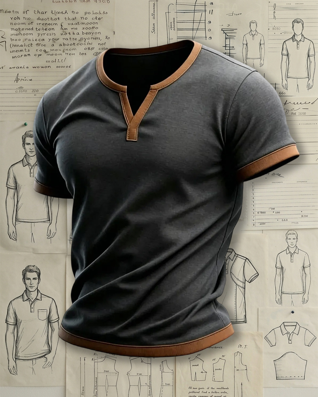 Men's Heather Gray Notch Neck Short Sleeve T-Shirt with Tan Trim