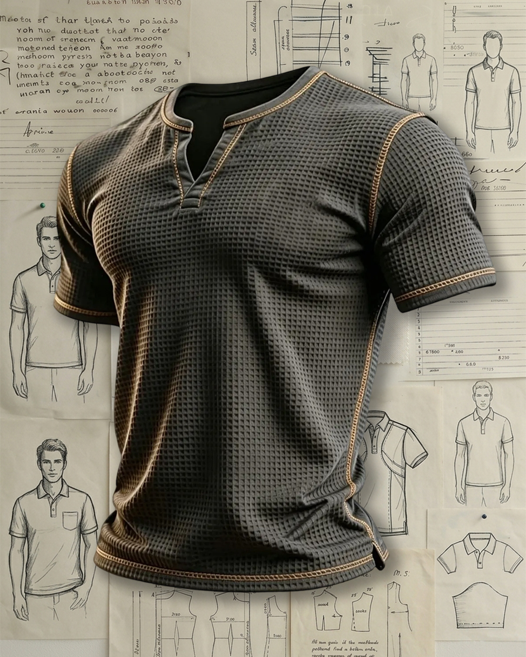 Men's Charcoal Waffle Knit Notch Neck Short Sleeve T-Shirt