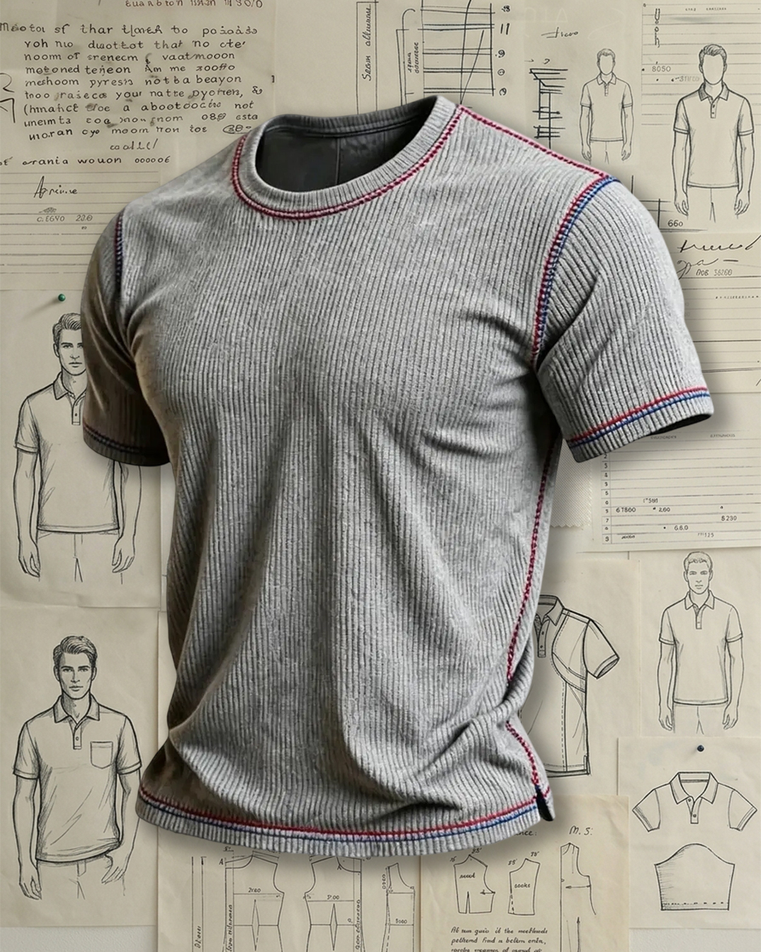 Men's Ribbed Knit Crew Neck T-Shirt with Contrast Stitching