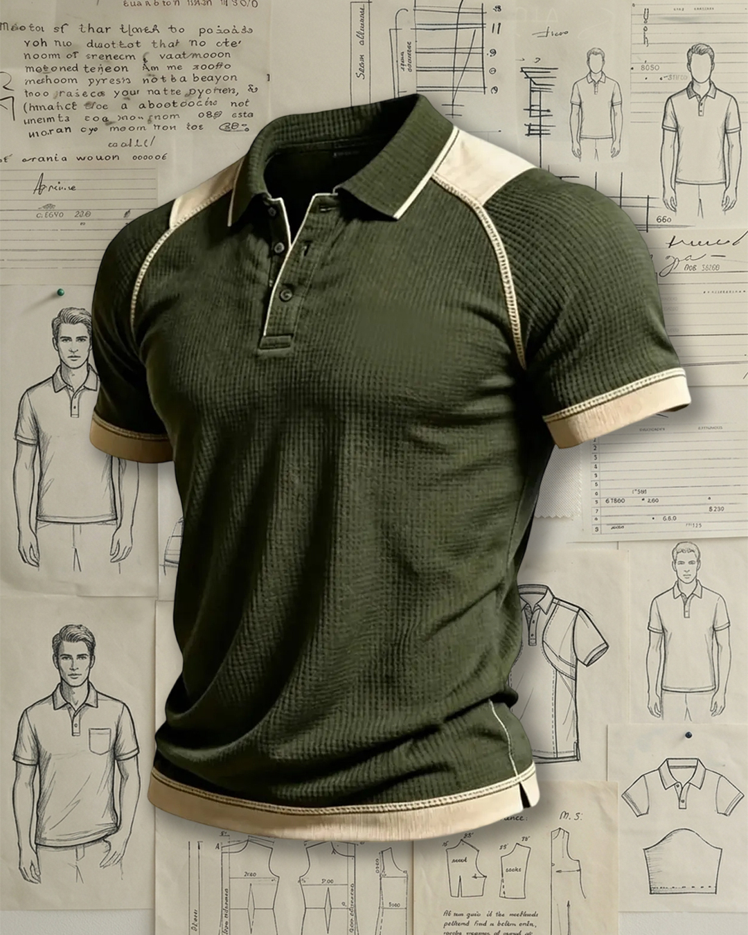 Men's Olive Waffle Knit Beige Contrast Polo