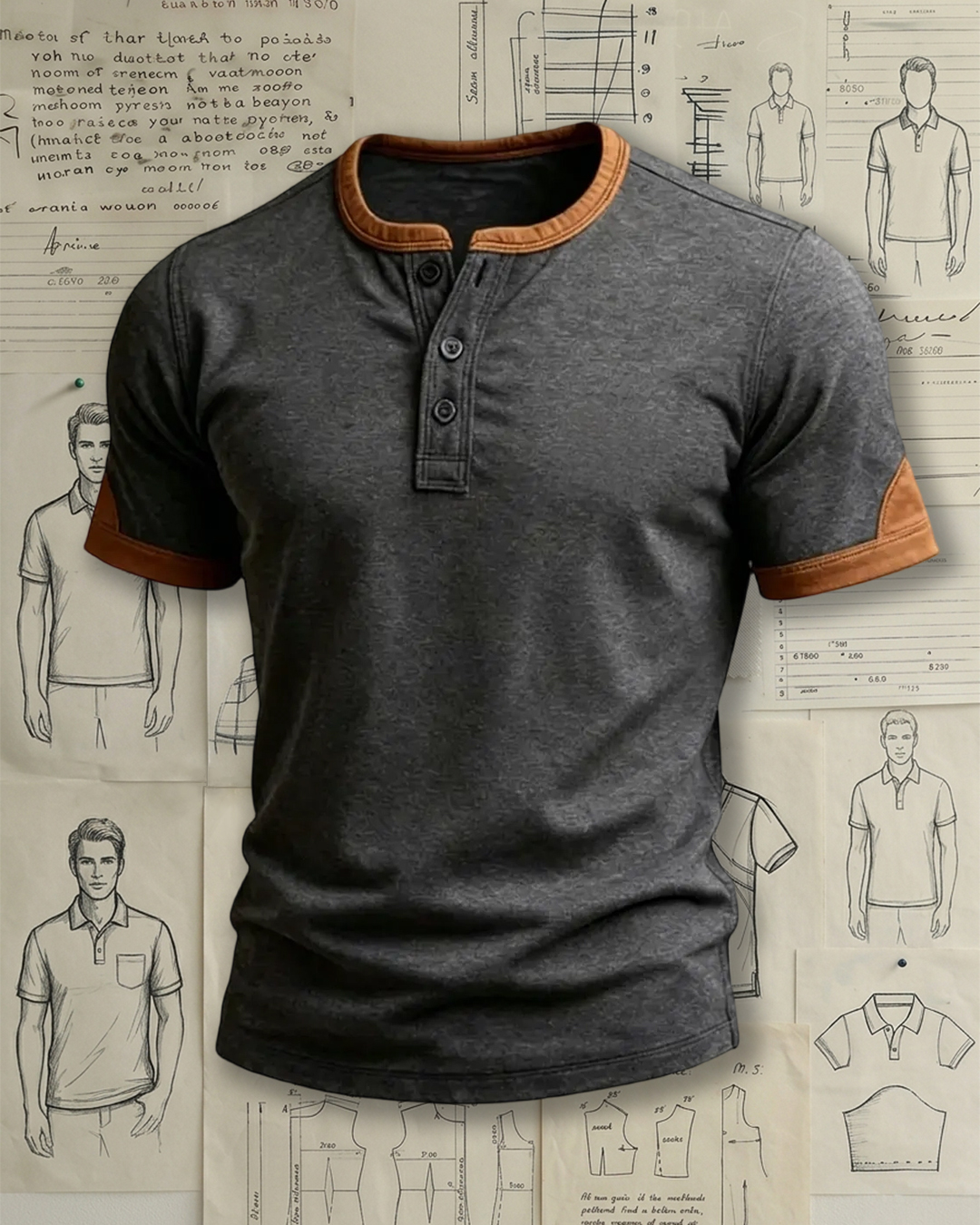 Men's Charcoal Henley T-Shirt with Tan Trim Accents