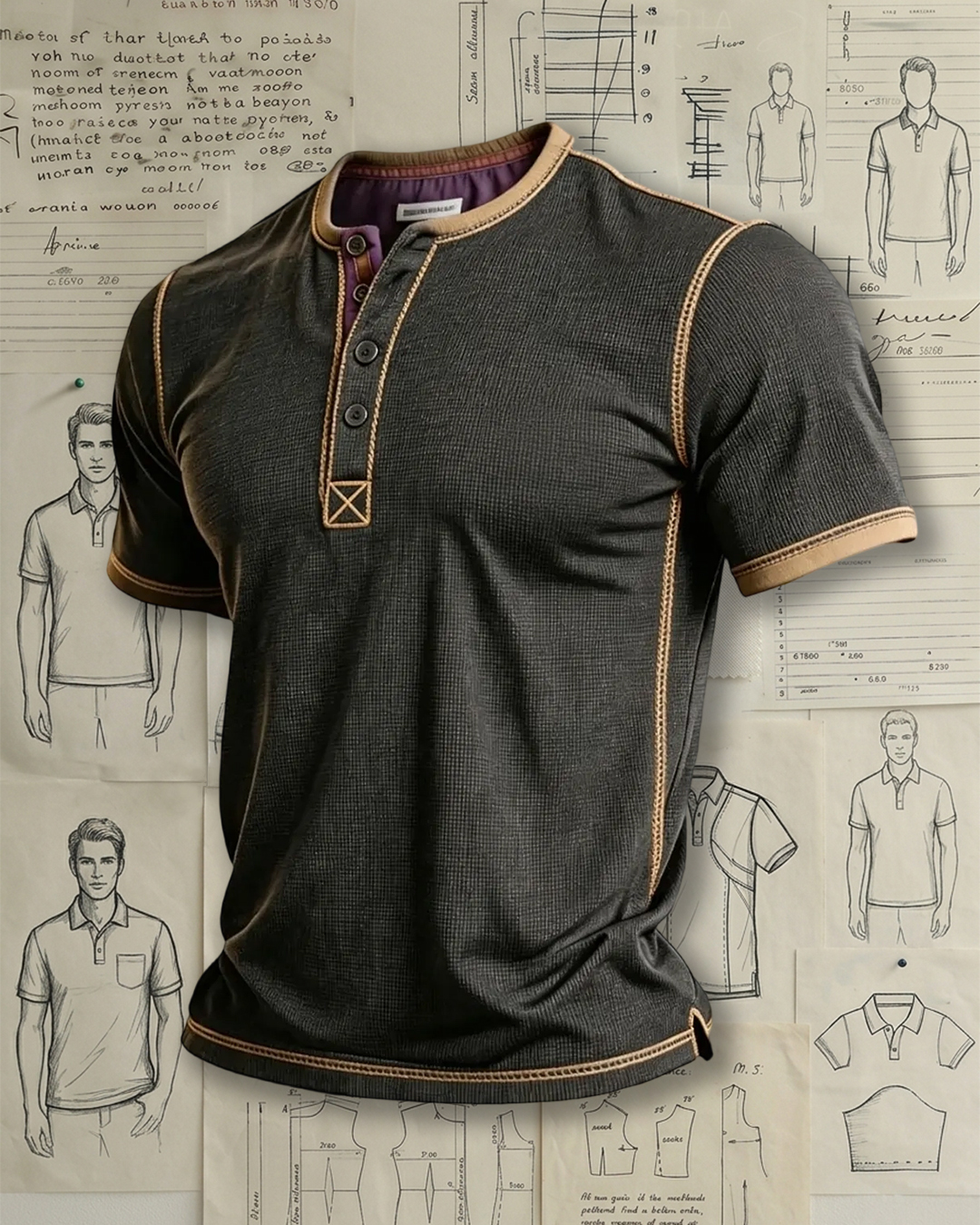 Men's Dark Gray Waffle Knit Henley with Tan Contrast Stitching