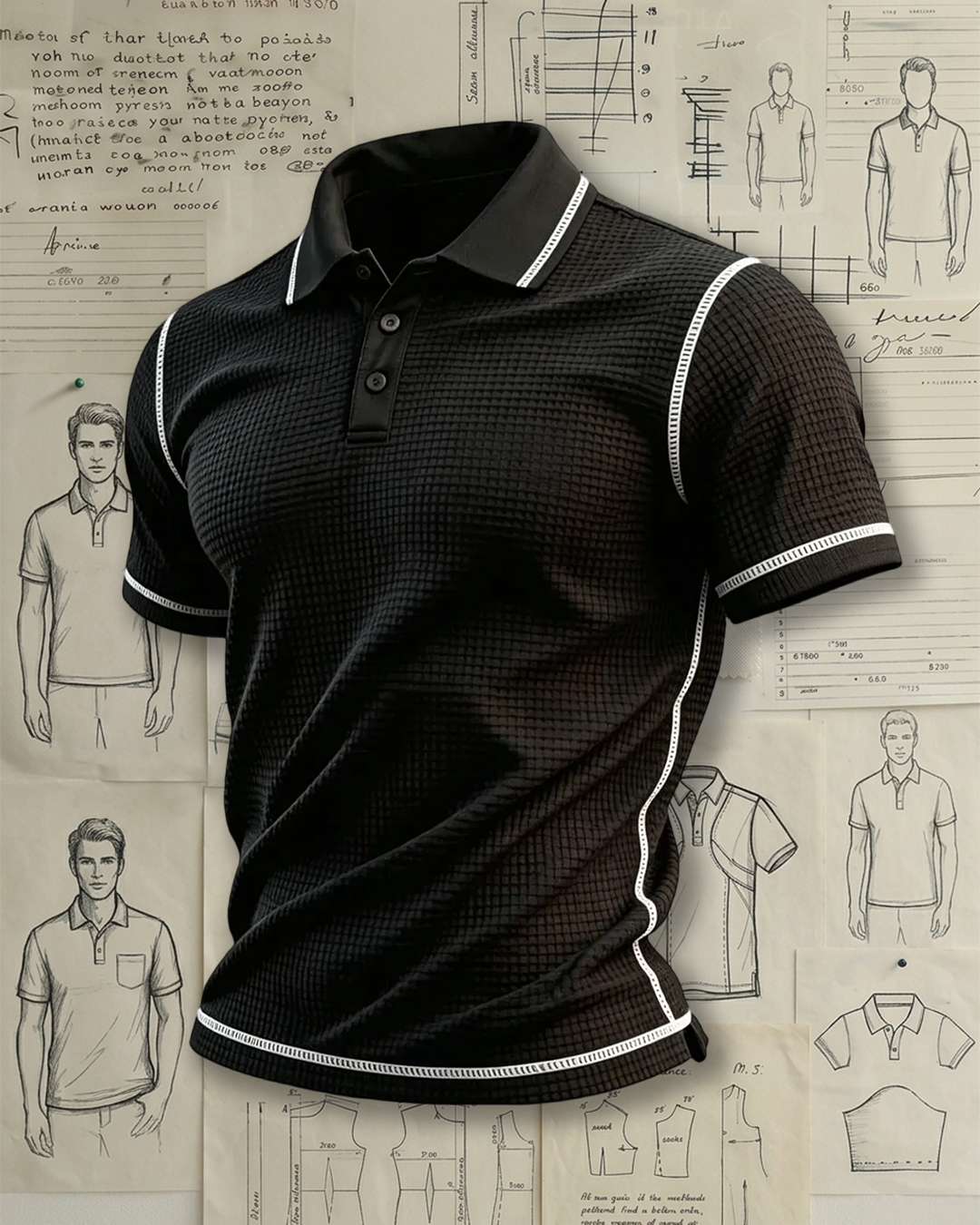 Casual Grid Pattern Polo Shirt with Decorative White Stitching