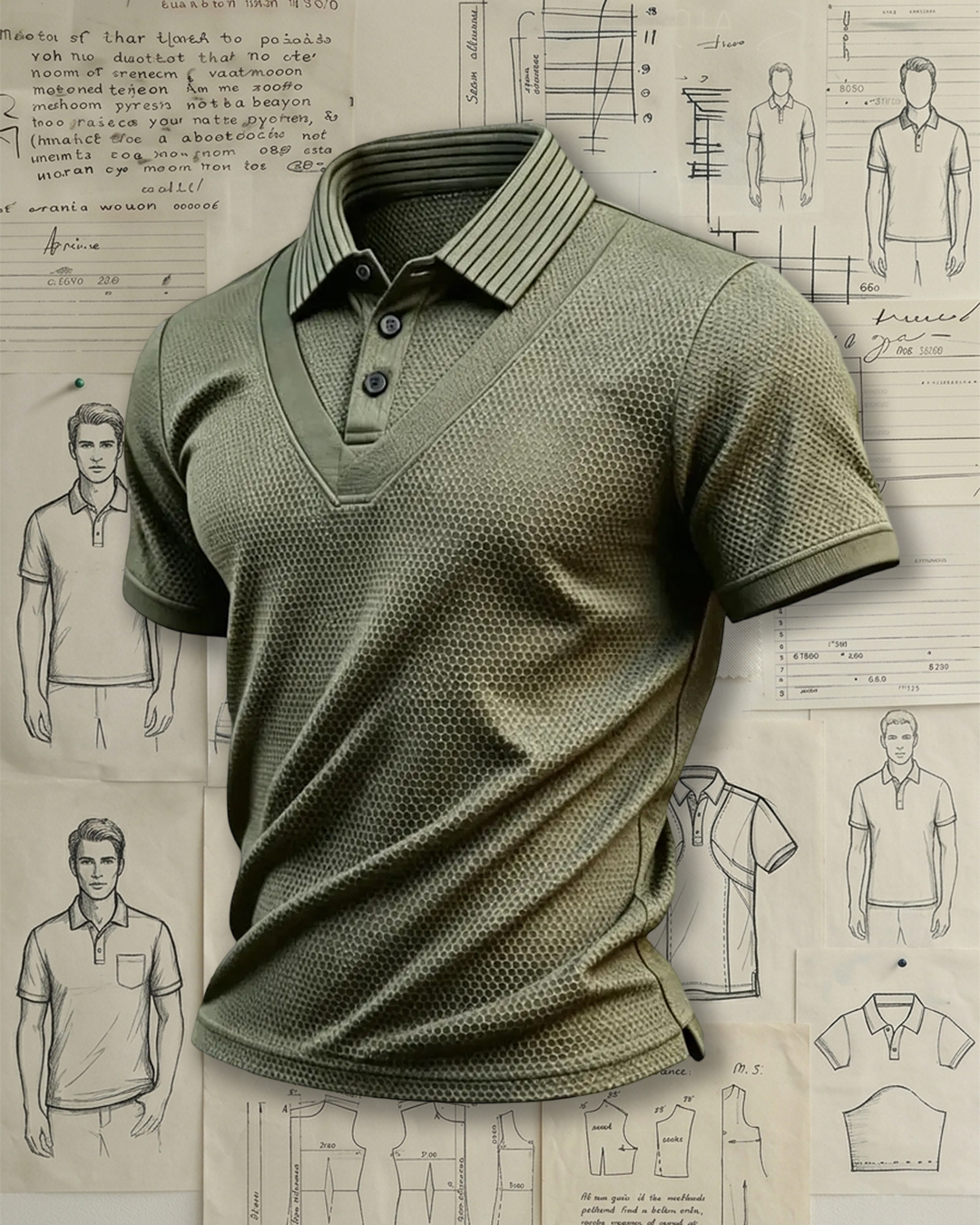 Slim Fit Olive Green Textured Polo with V-Neck Placket