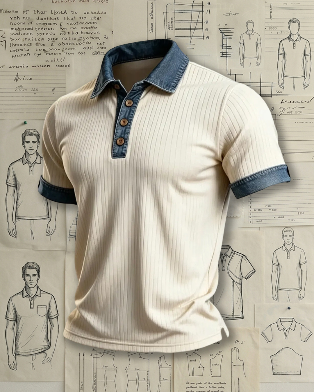 Men's Ribbed Knit Polo Shirt with Denim Collar & Cuffs