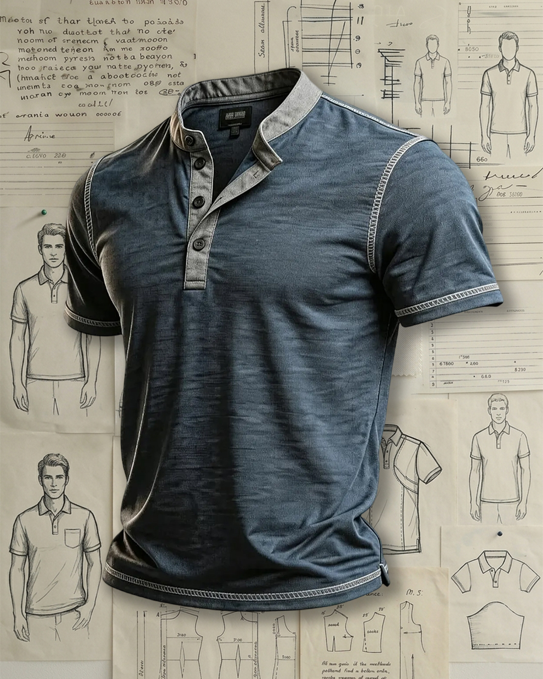 Men's Washed Blue Henley Short Sleeve T-Shirt