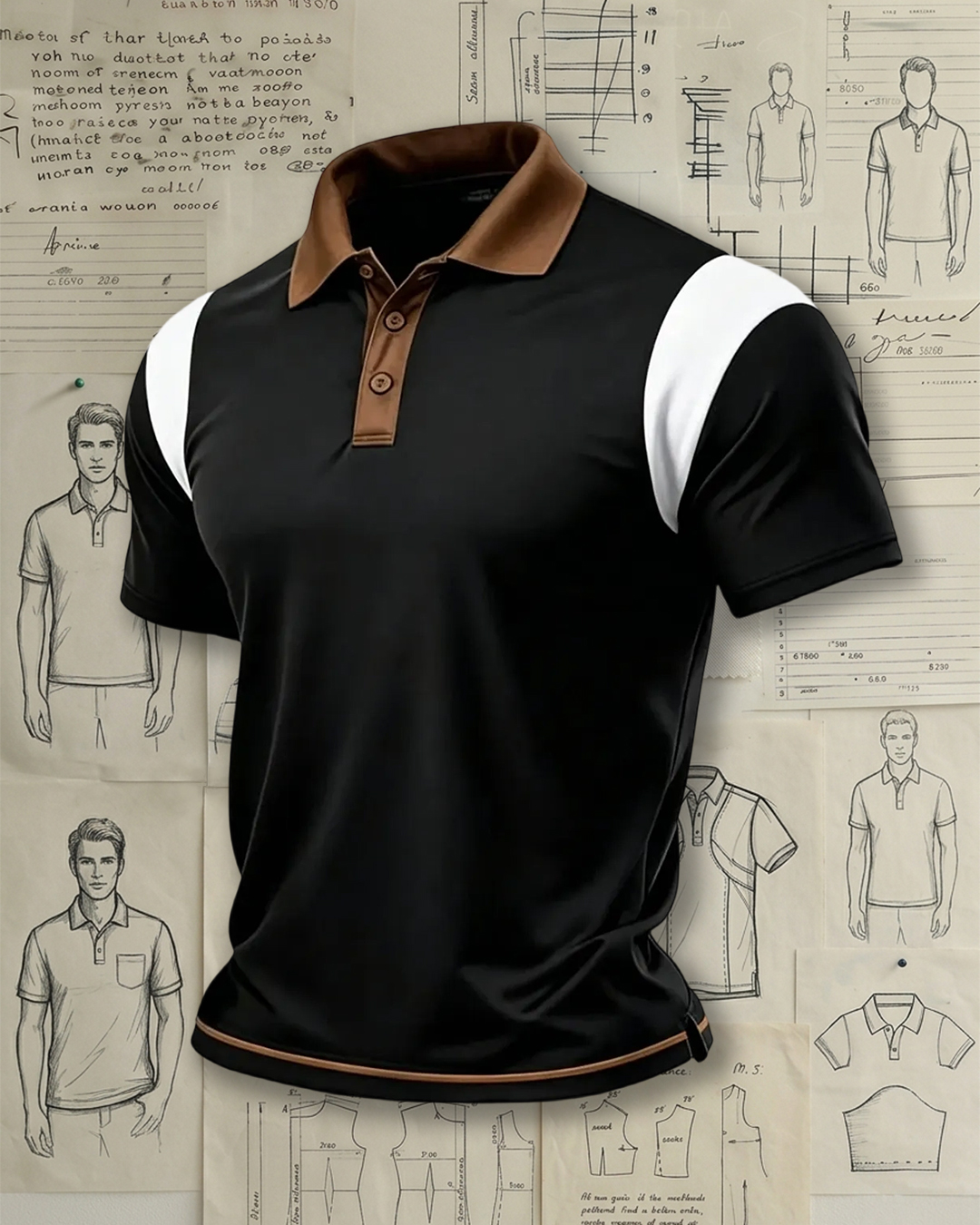 Men's Black Polo Shirt with Brown & White Color Block