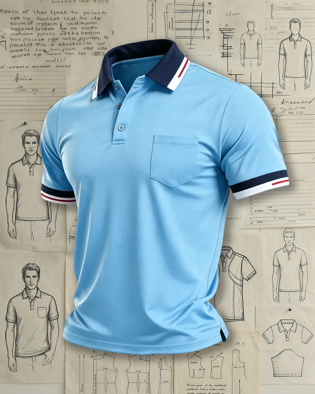 Everyday Casual Light Blue Polo with Contrast Cuffs & Pocket