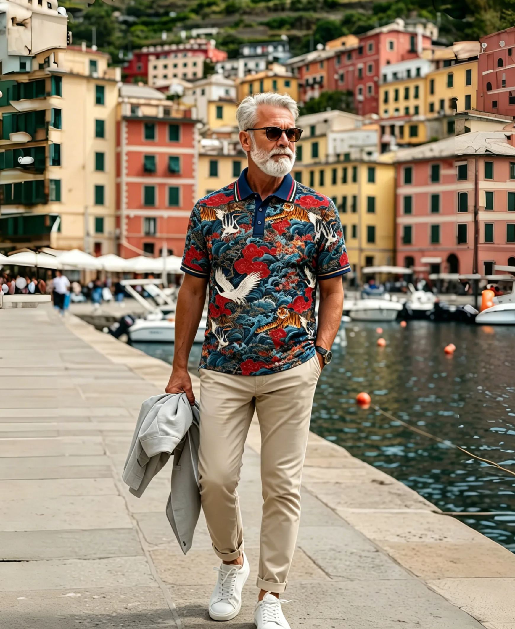 Men’s Oriental Tiger & Crane Print Short Sleeve Polo Shirt