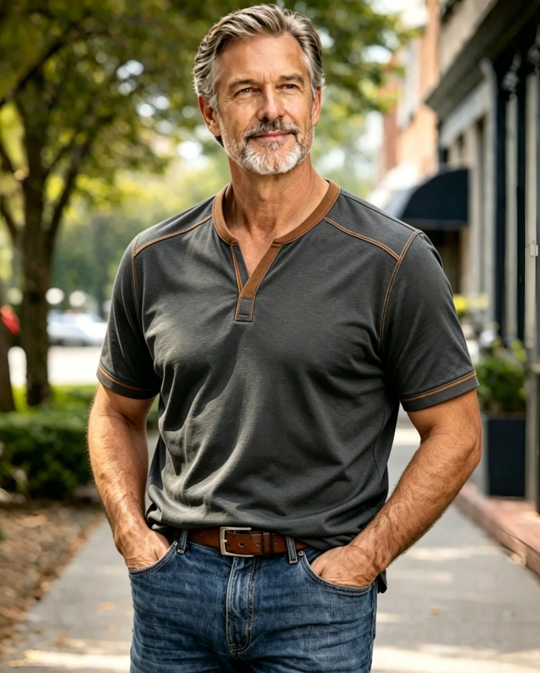 Men's Heather Gray Notch Neck Short Sleeve T-Shirt with Tan Trim
