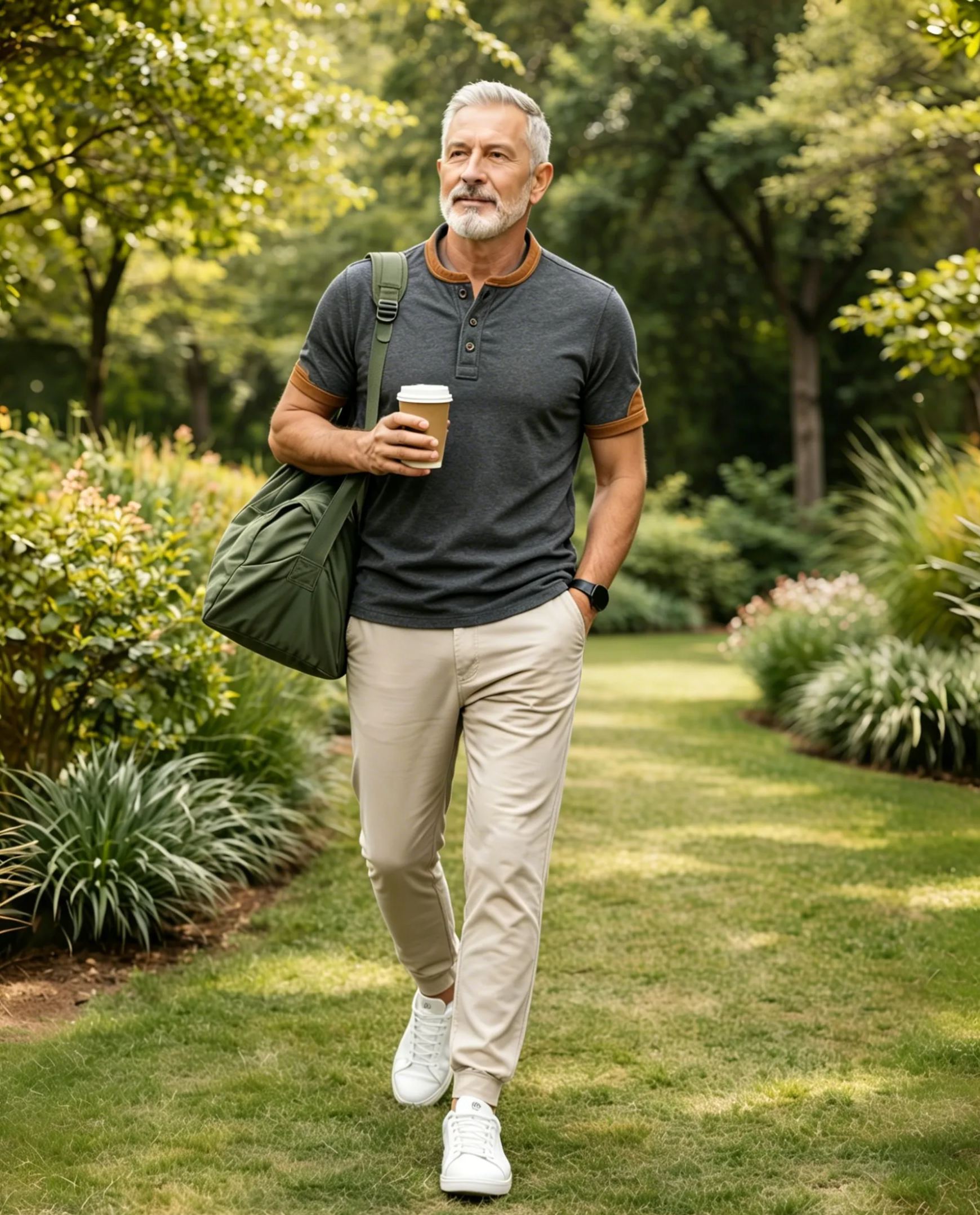 Men's Charcoal Henley T-Shirt with Tan Trim Accents