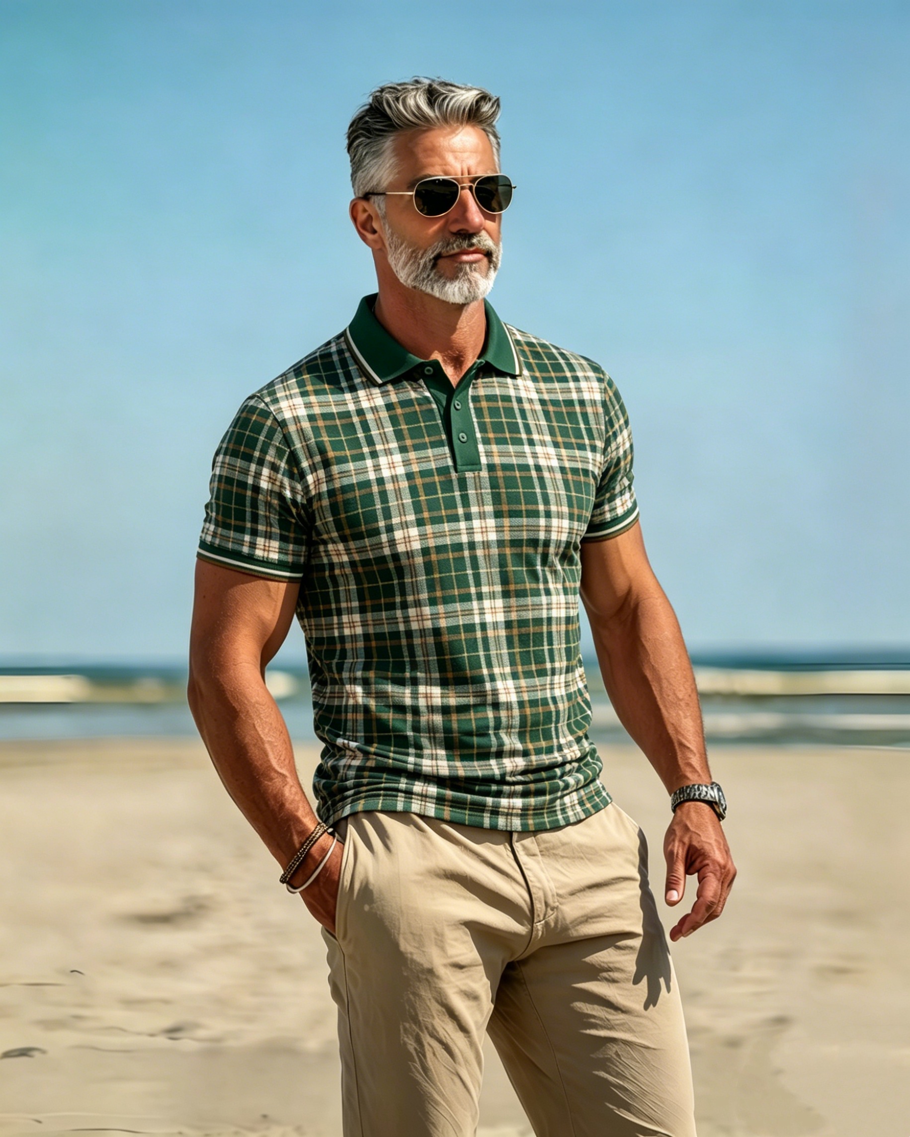 Green Tartan Plaid Striped Trim Collared Polo Shirt