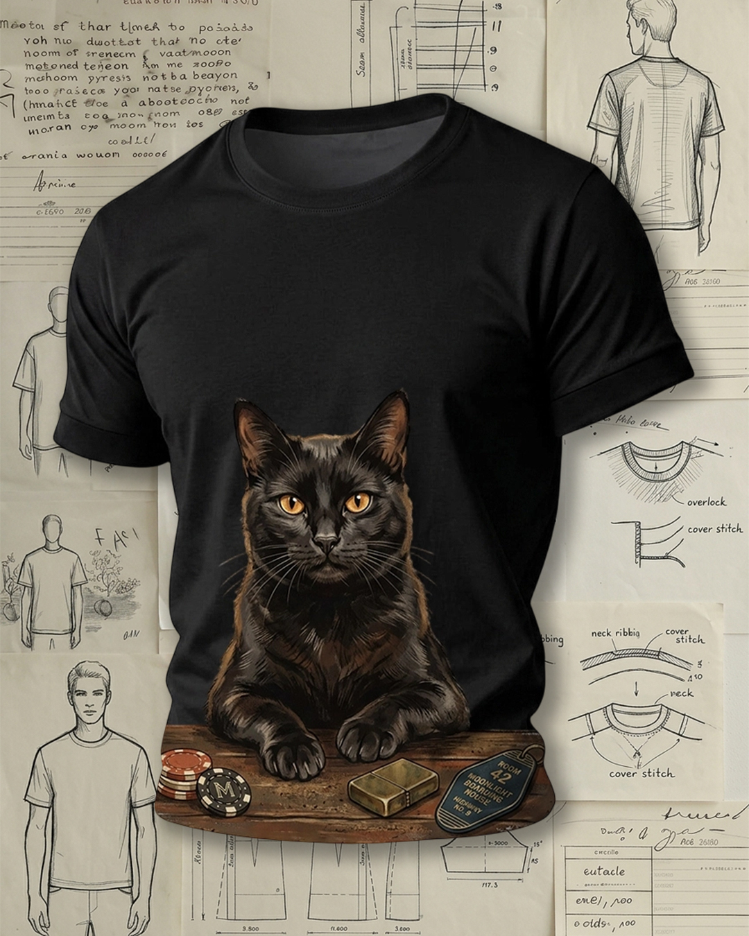Vintage Black Cat Motel Graphic Print Short-Sleeve T-Shirt