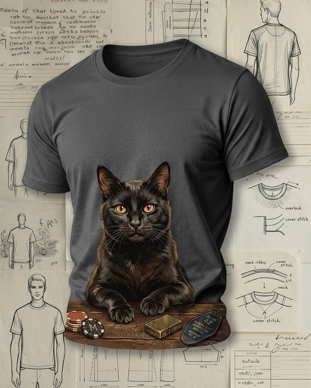 Vintage Black Cat Motel Graphic Print Short-Sleeve T-Shirt