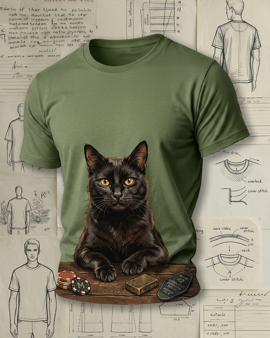 Vintage Black Cat Motel Graphic Print Short-Sleeve T-Shirt
