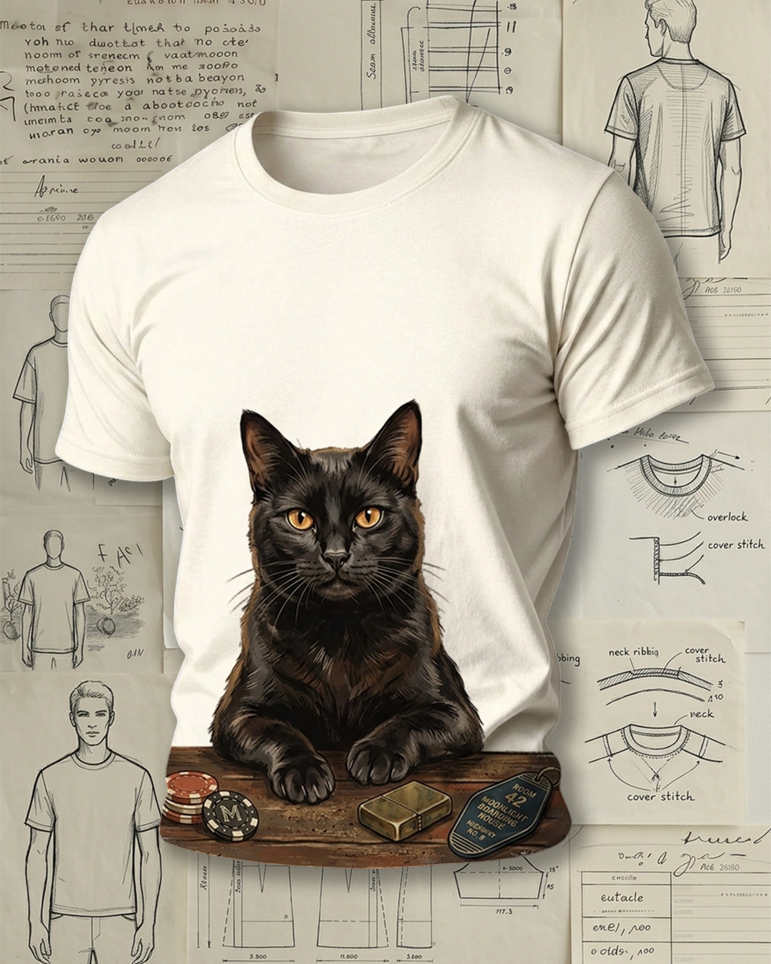 Vintage Black Cat Motel Graphic Print Short-Sleeve T-Shirt