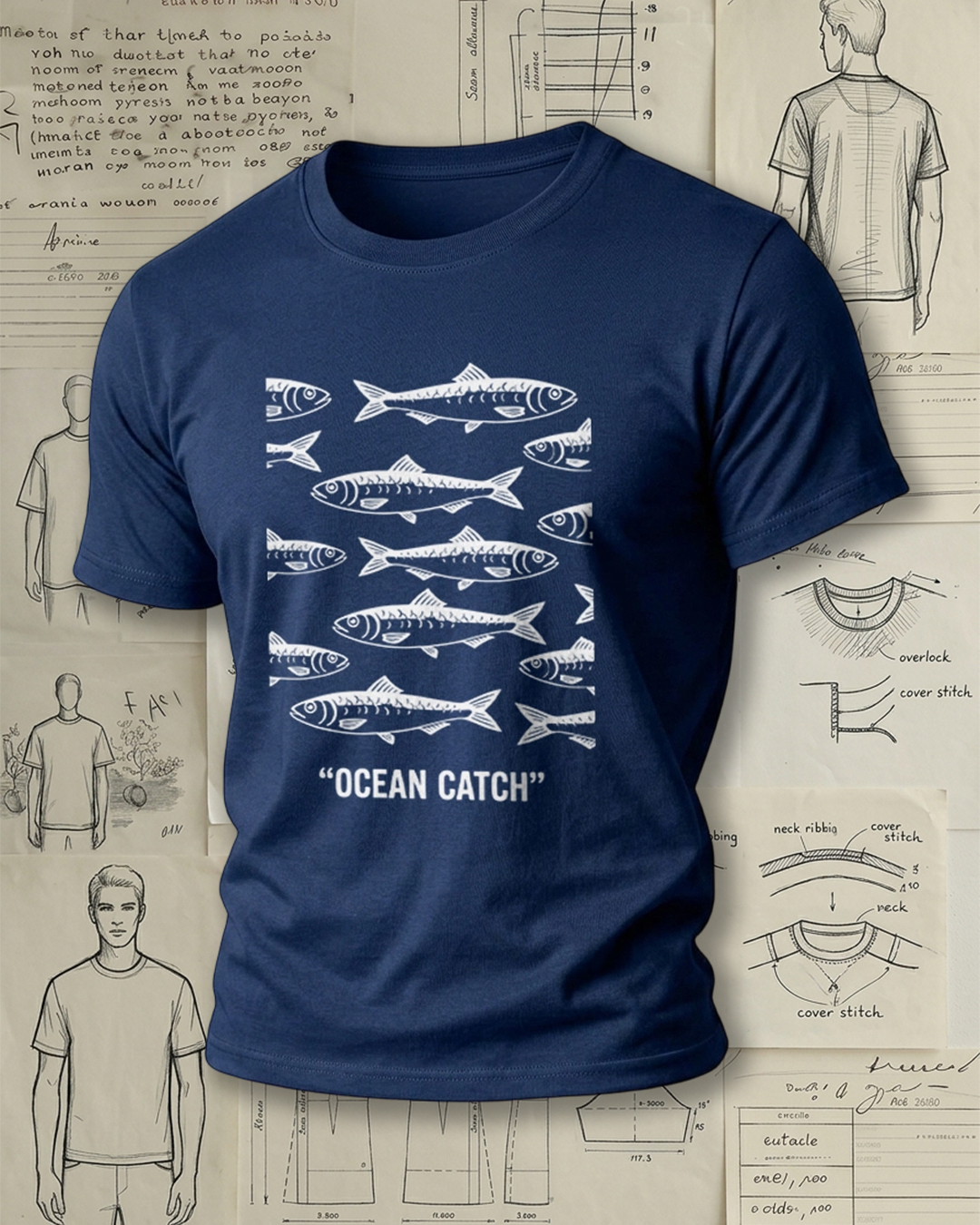 Vintage Fish "Ocean Catch" Print Short-Sleeve T-Shirt