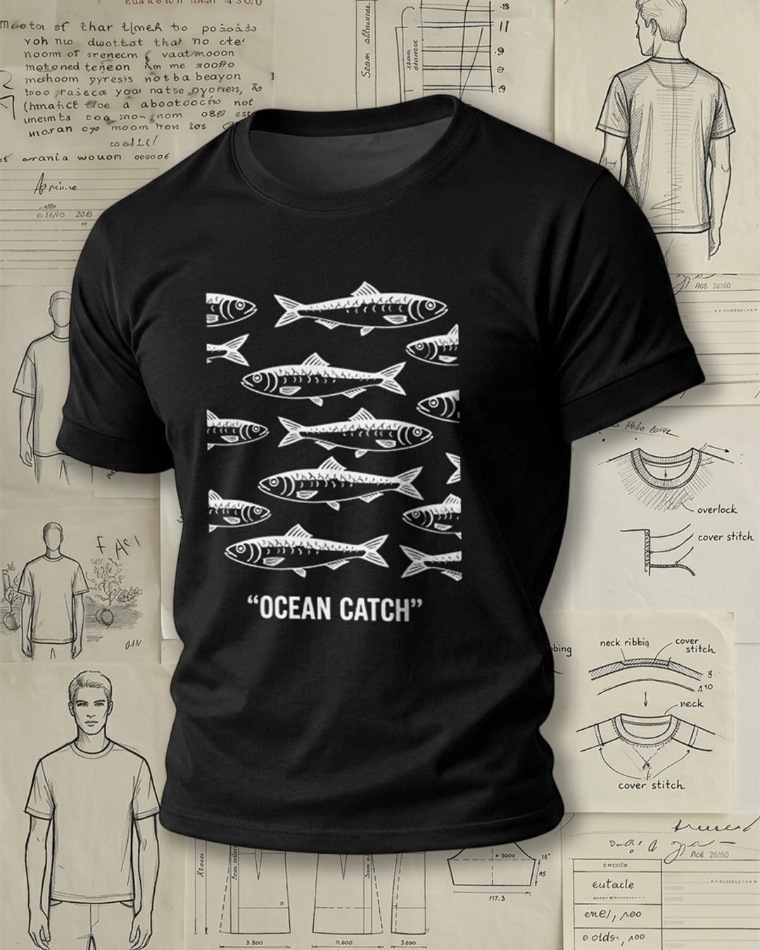 Vintage Fish "Ocean Catch" Print Short-Sleeve T-Shirt