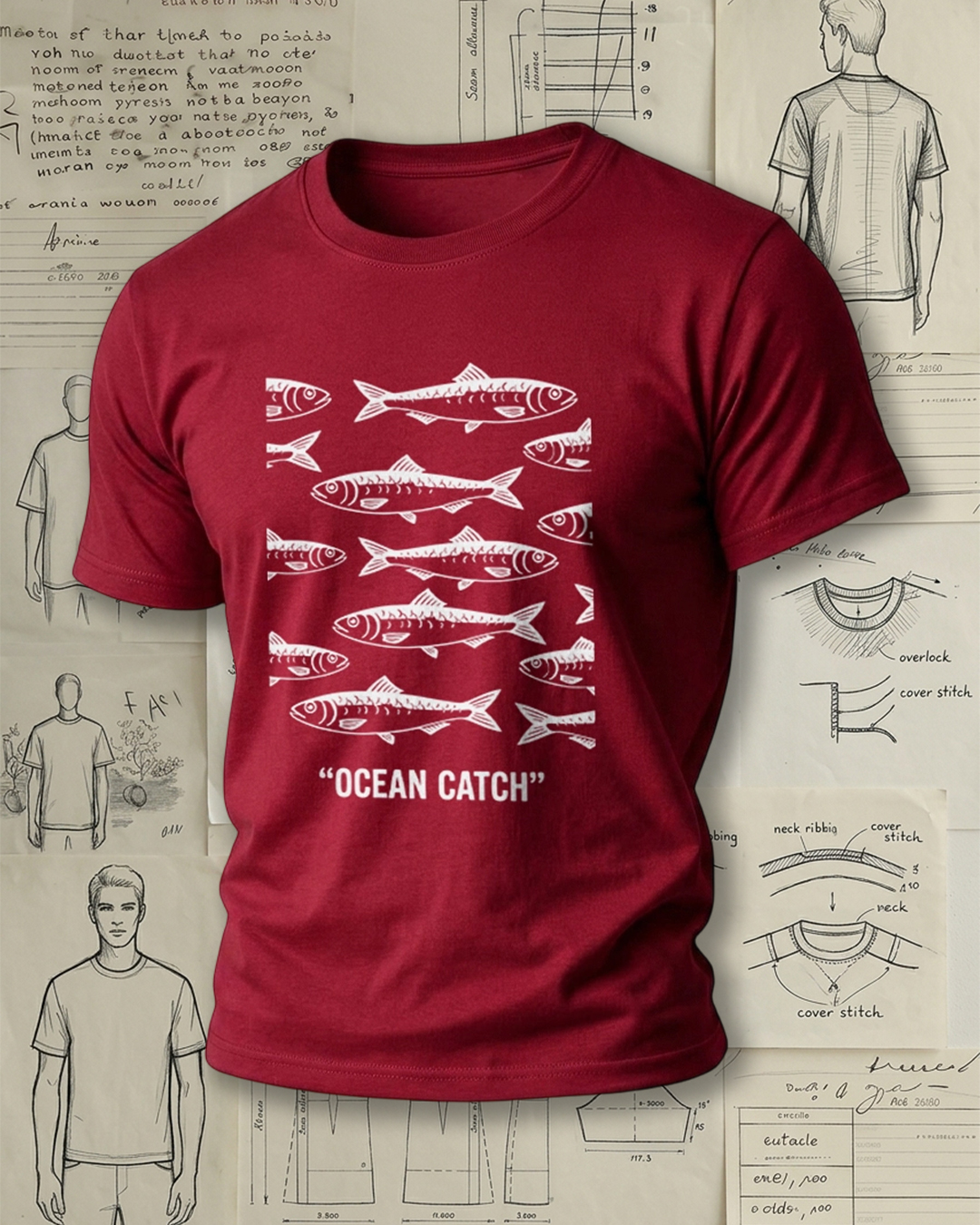 Vintage Fish "Ocean Catch" Print Short-Sleeve T-Shirt