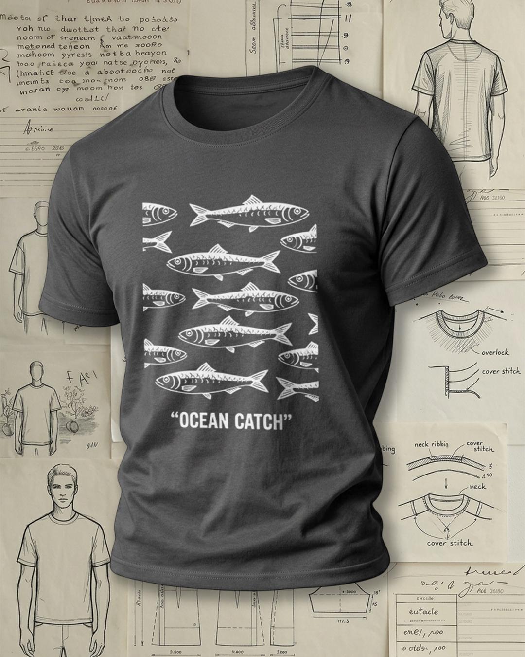 Vintage Fish "Ocean Catch" Print Short-Sleeve T-Shirt