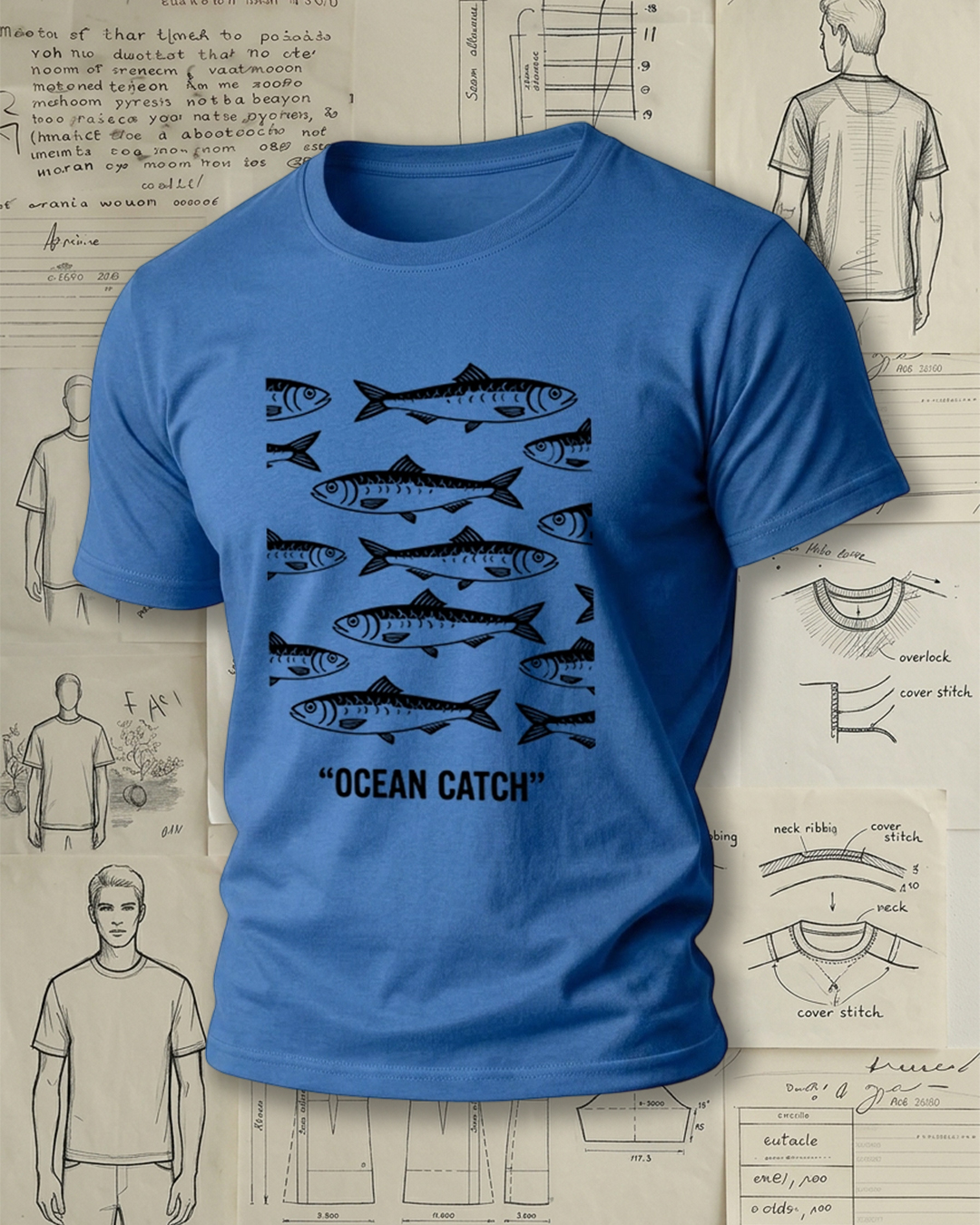 Vintage Fish "Ocean Catch" Print Short-Sleeve T-Shirt