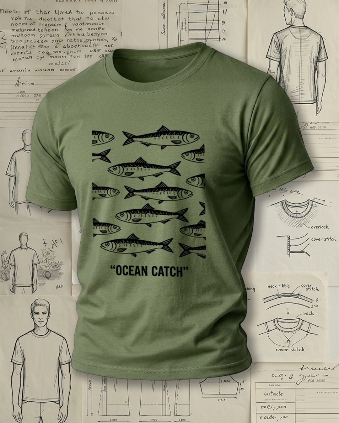 Vintage Fish "Ocean Catch" Print Short-Sleeve T-Shirt