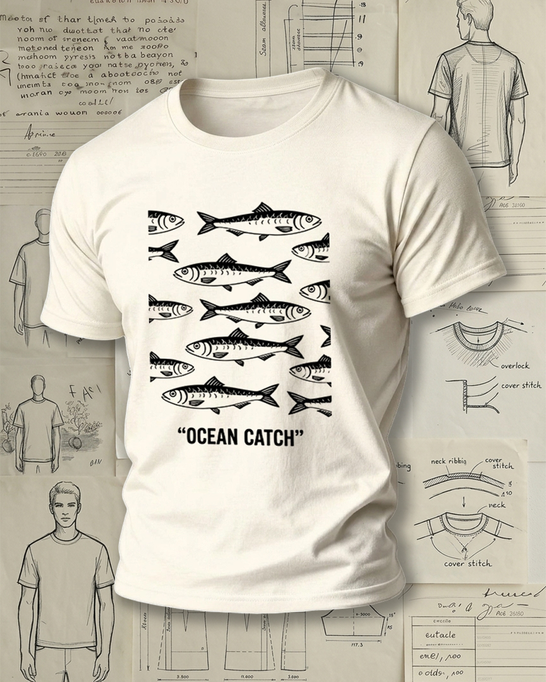 Vintage Fish "Ocean Catch" Print Short-Sleeve T-Shirt