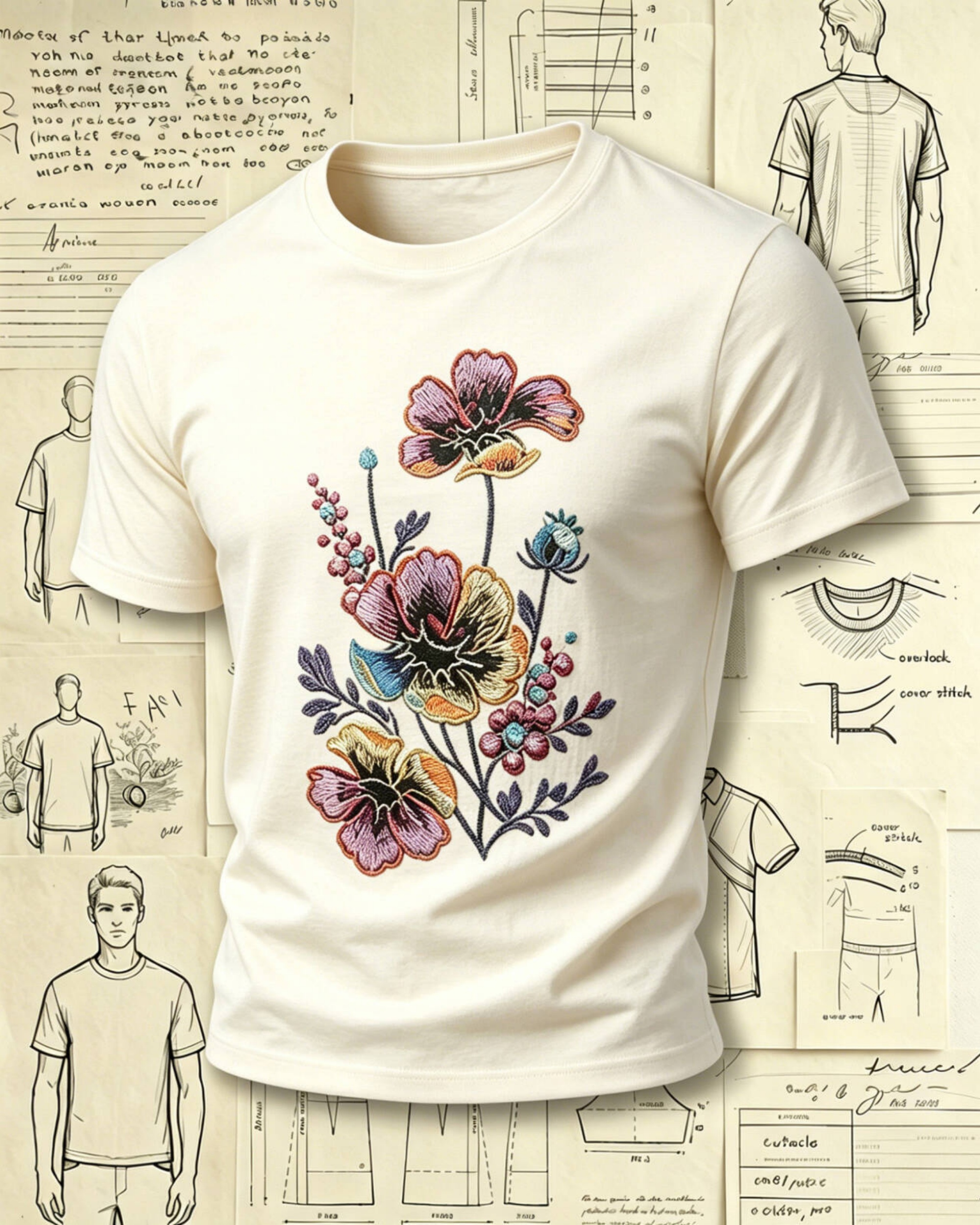 Wildflower Bouquet Embroidered Pattern T-Shirts