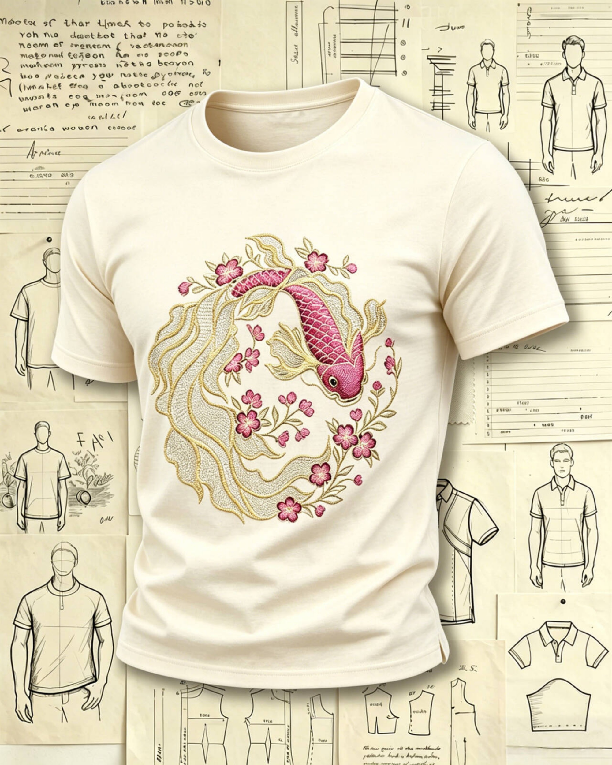 Koi Fish and Cherry Blossoms Embroidered Pattern T-Shirts