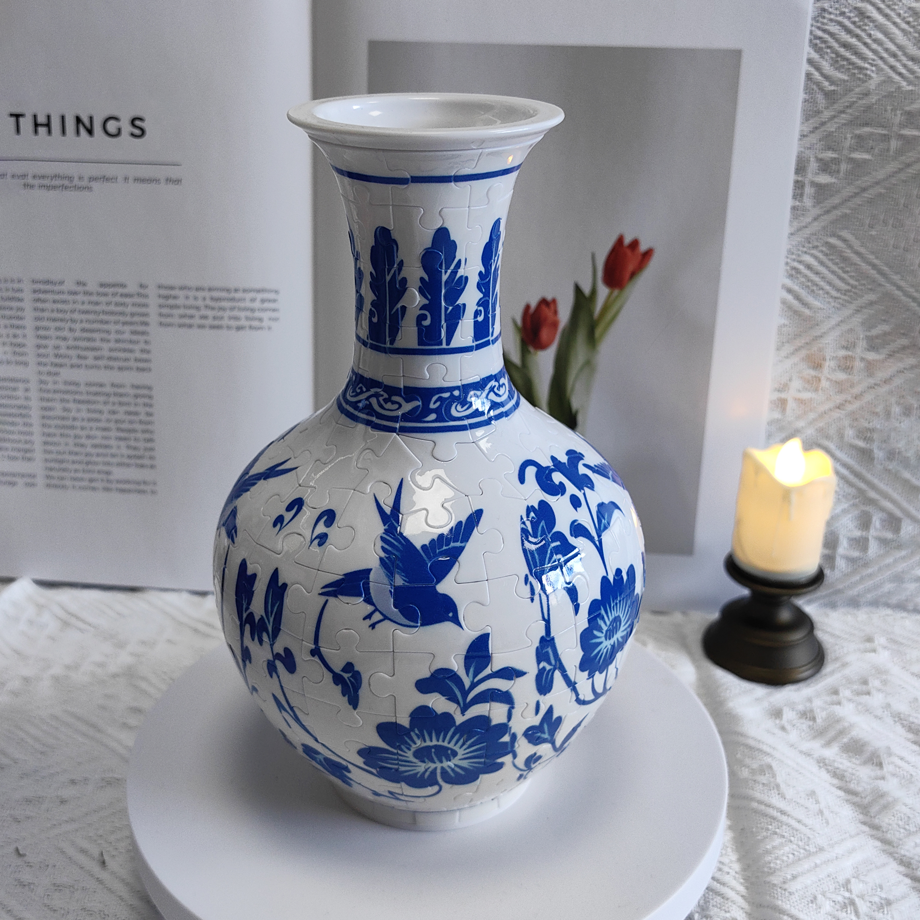 3D Blue White Floral-Bird Painting Long Neck Round Puzzle Vase - (160 Pieces)