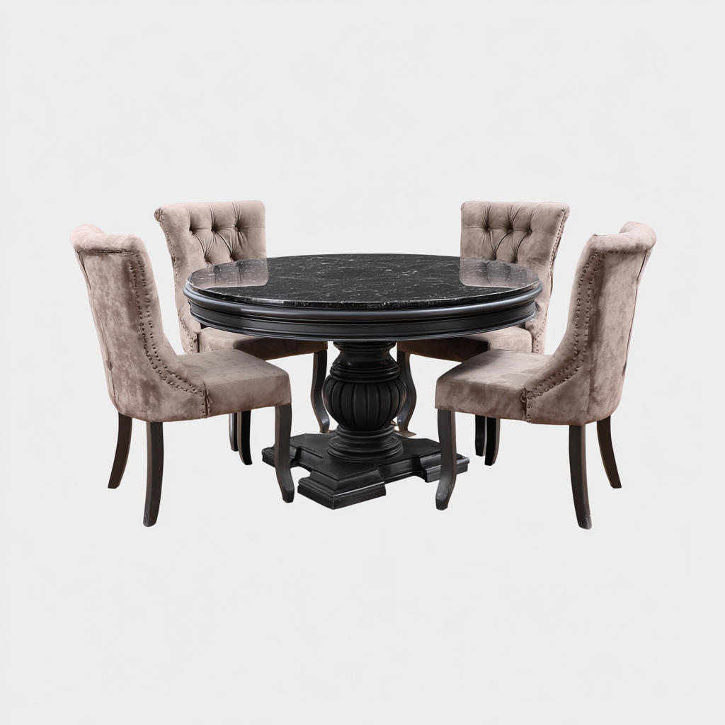Ensemble table et chaises Bois-marqueterie 130x130x76 cm - Noir-Beige - Style classique-Graceova