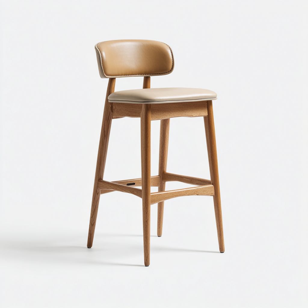 Tabouret de bar bois et cuir 41x43x95 cm - beige - style contemporain-Graceova