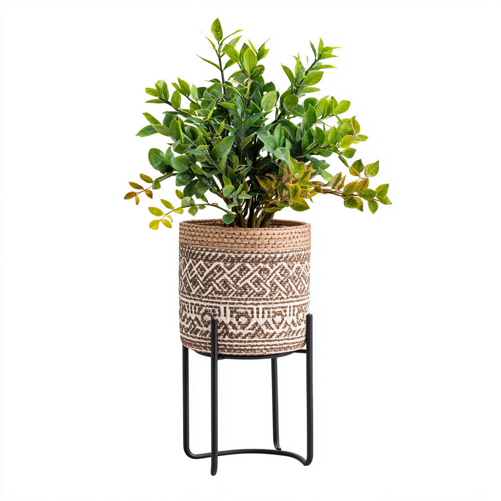 Pots et supports de plantes Rotin métal 26x26x70 cm - Naturel-Blanc - Design décoratif-Graceova