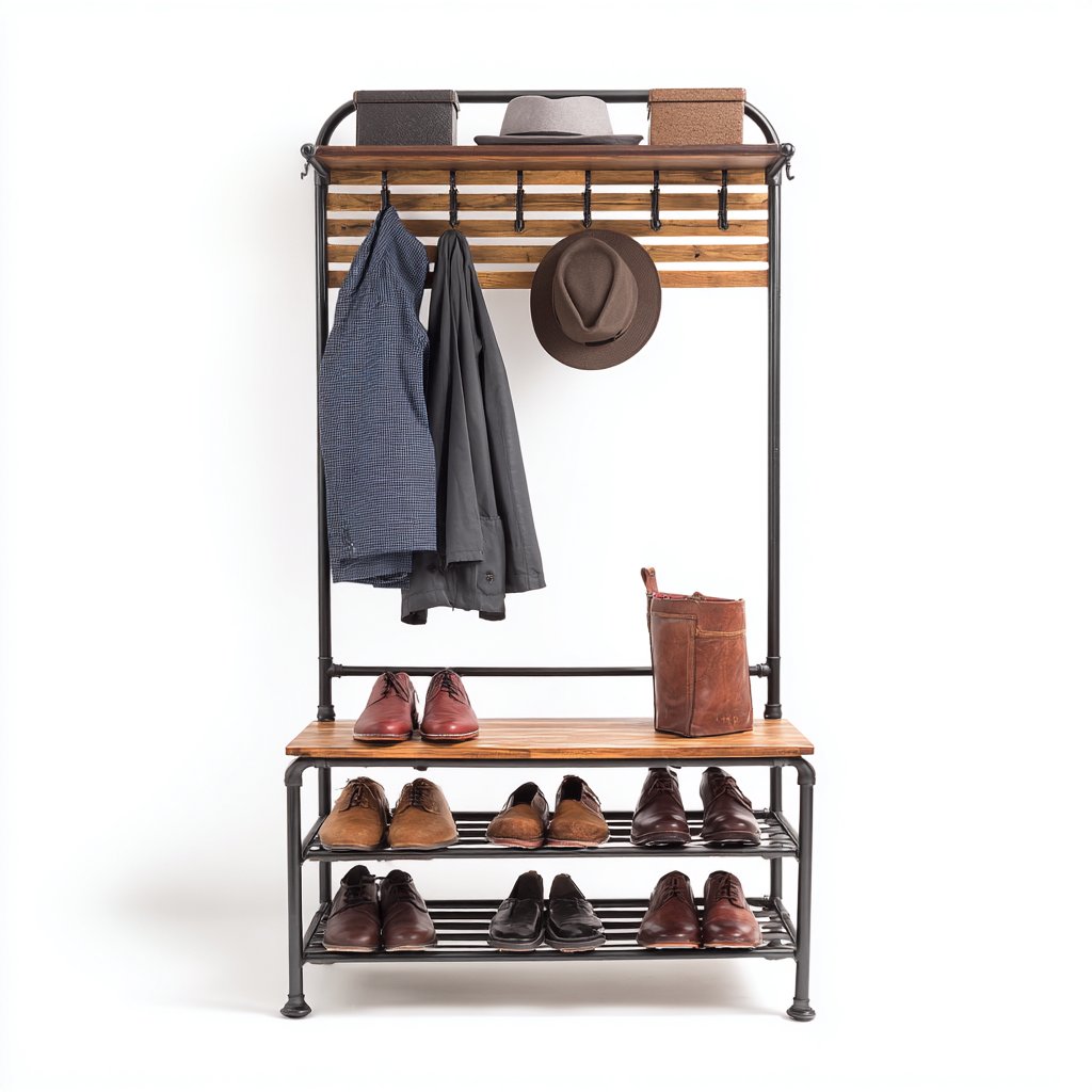 Porte manteau 90x35x180 cm - métal et bois - adapté à l'entrée - style industriel-Graceova