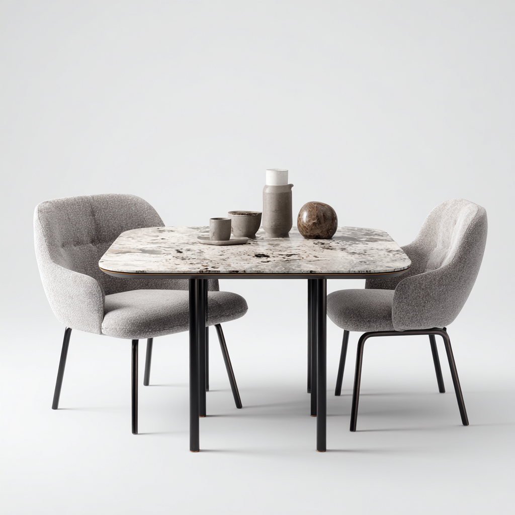 Ensemble table et chaises Métal-marqueterie 120x80x75 cm - Beige-Noir - Style moderne-Graceova