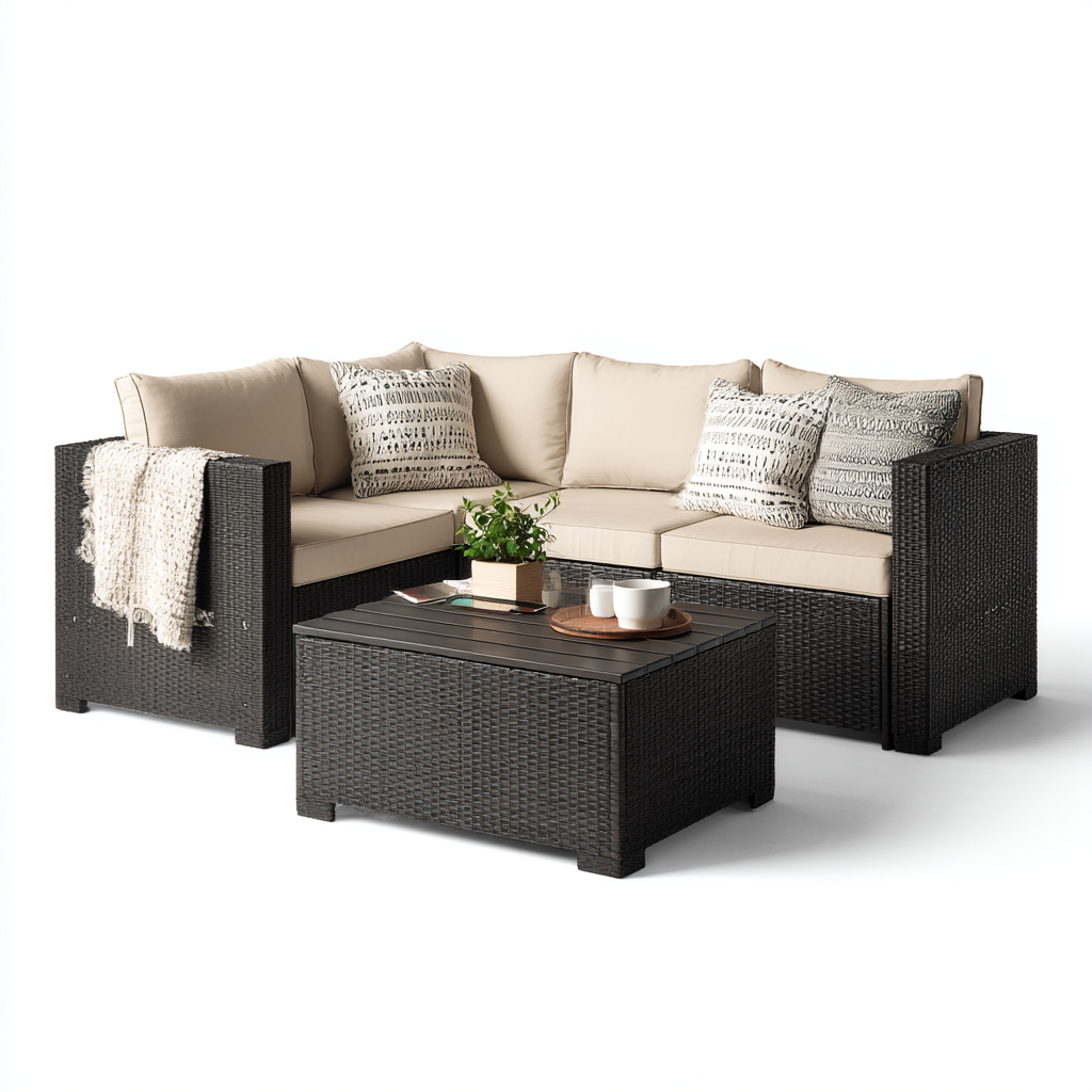 Canapé de jardin Résine tressée tissu 180x180x80 cm - Beige - Design moderne-Graceova