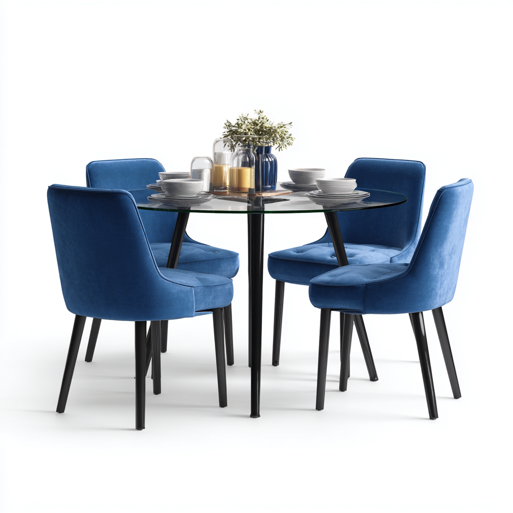Ensemble table et chaises Verre Métal 100x100x75 cm - Bleu-Noir - Style moderne-Graceova