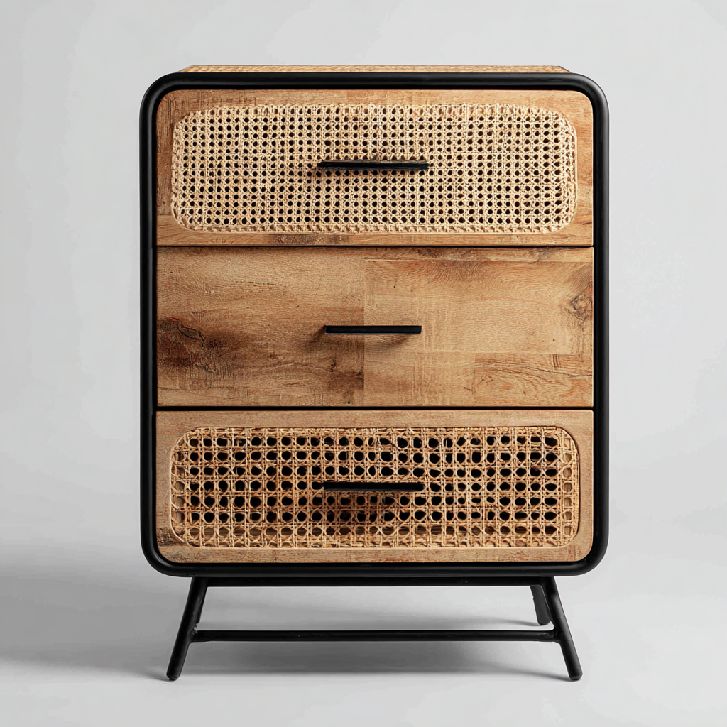 Commode bois-rotin-noir 75x40x90 cm - style moderne-Graceova