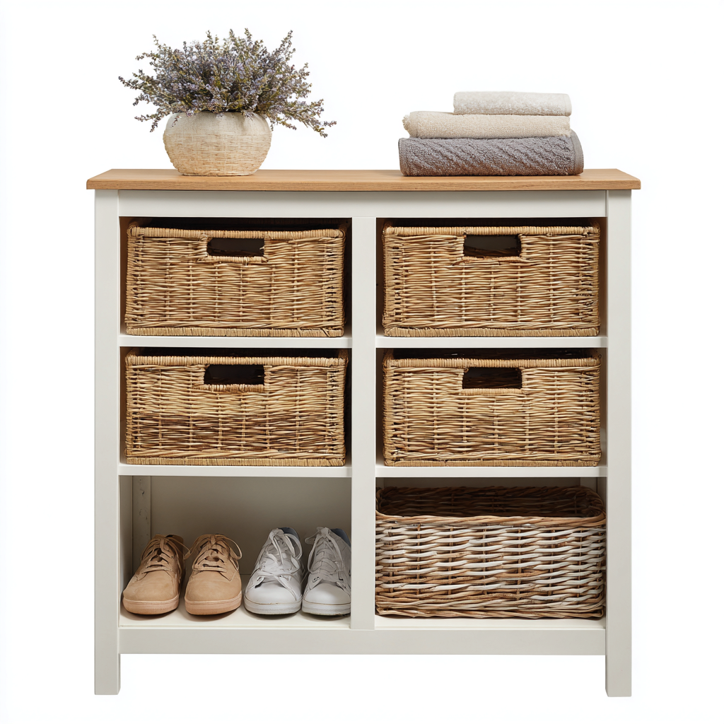 Meuble à chaussures Bois Rotin 80x35x90 cm - Blanc-Bois - Design naturel-Graceova