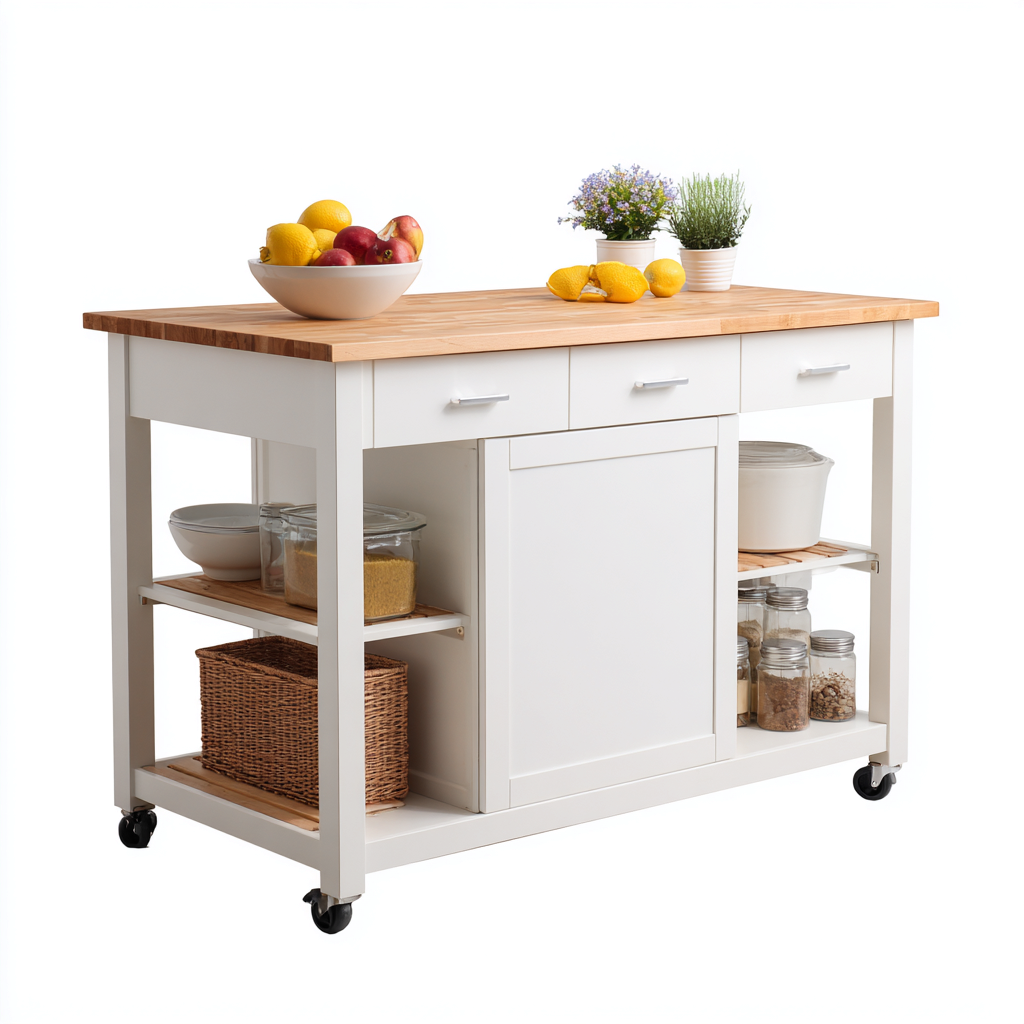 Îlot de cuisine Bois 120x55x90 cm - Blanc-Marron - Design moderne-Graceova