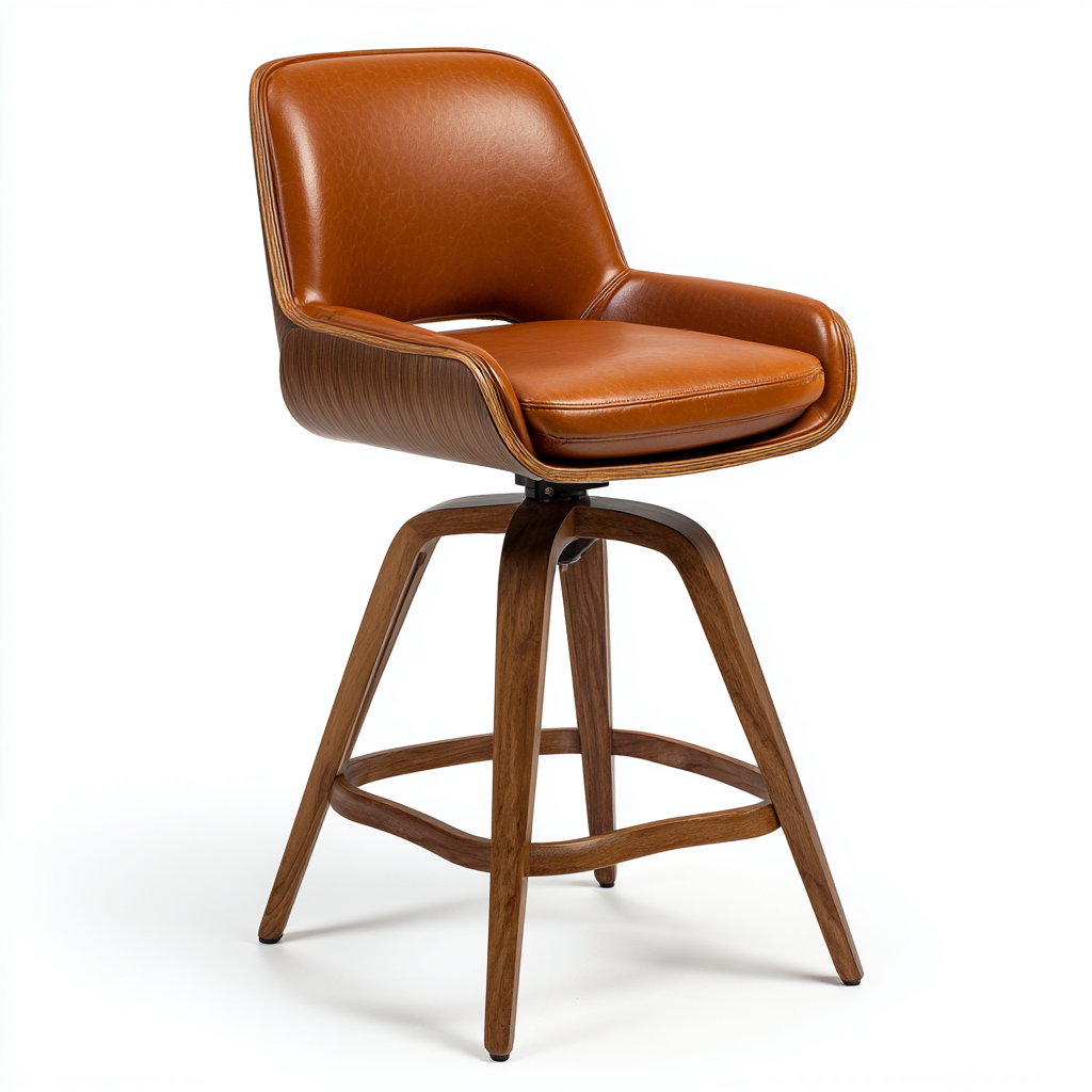 Tabouret de bar cuir et bois 52x54x93 cm - marron - style rétro pivotant-Graceova