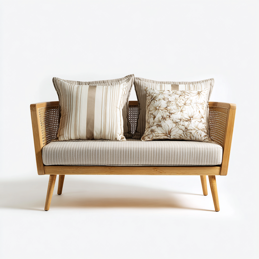 Canapé 2 places Rotin-Tissu 135x75x80 cm - Beige - Style naturel-Graceova