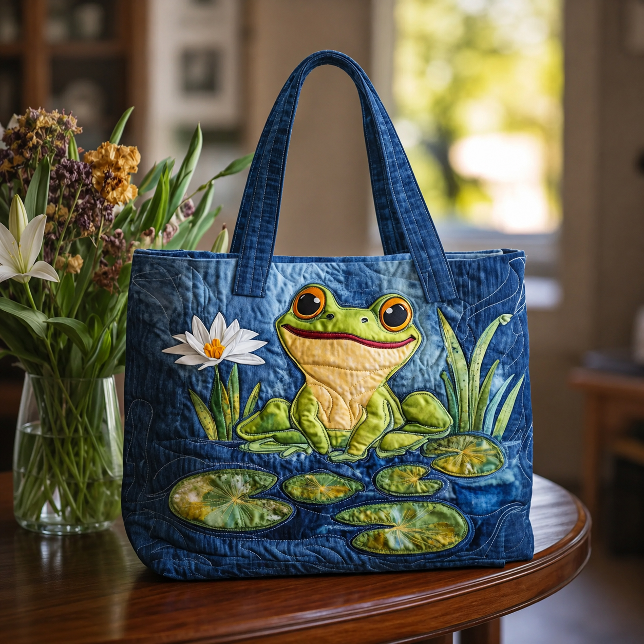 Frog and Lotus Series Handmade Tote Bag
