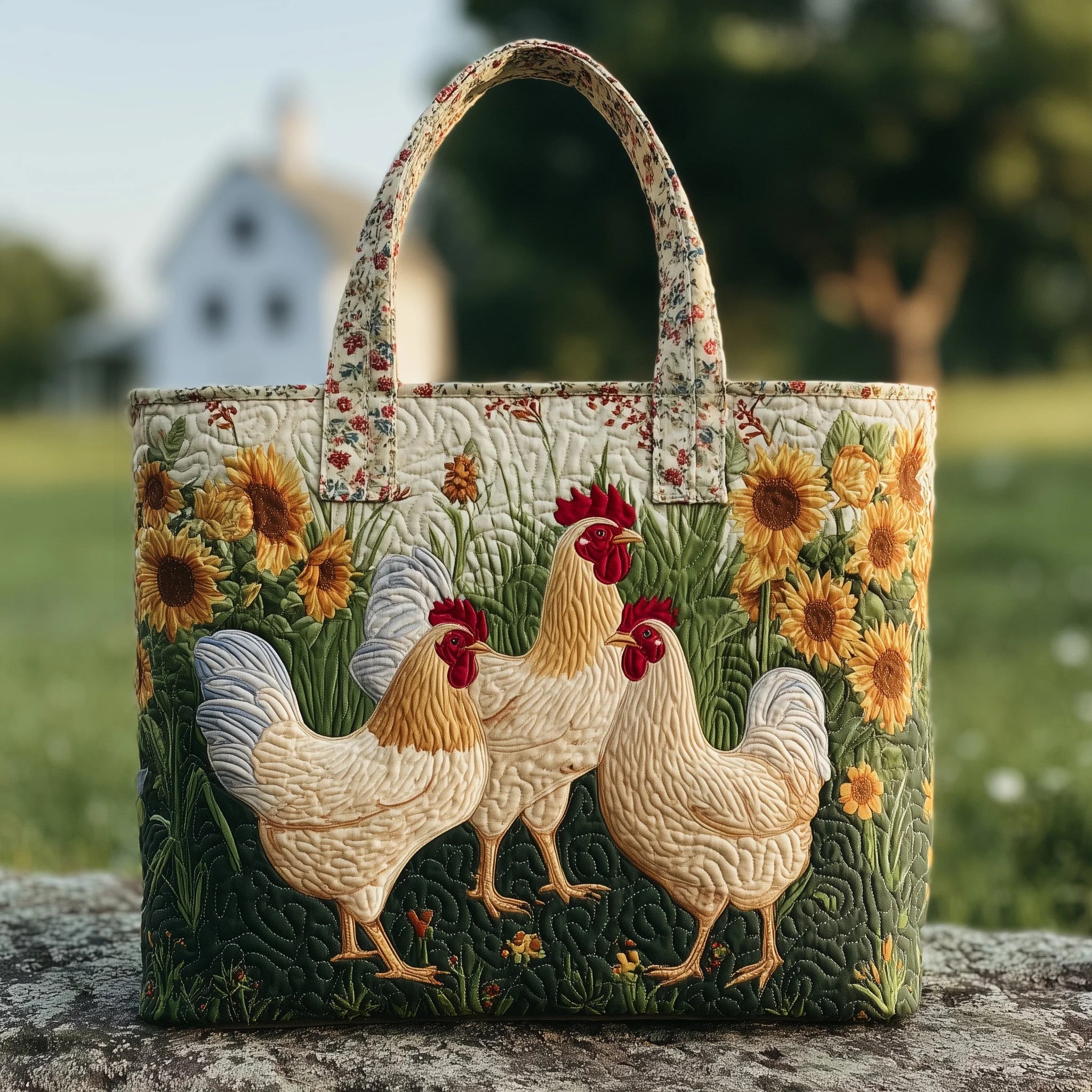 Cute Hen and Sunflowers Series Handmade Tote Bag