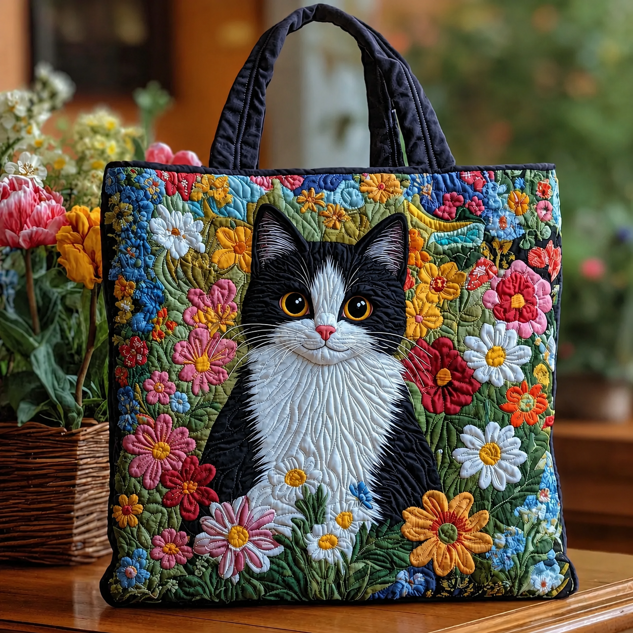 Cow Cat and Flowers Series Handmade Tote Bag